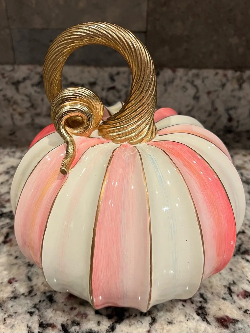 MacKenzie-Childs Elegant Pink Stripe Pumpkin. 8” W & 8” H. Like new condition! - Picture 1 of 9